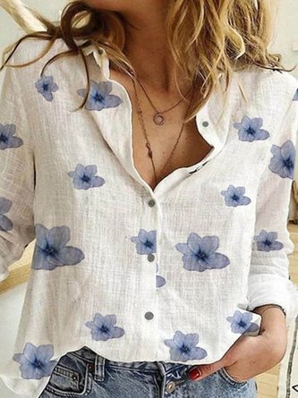 Floral Long Sleeve Shirt Collar Blouse