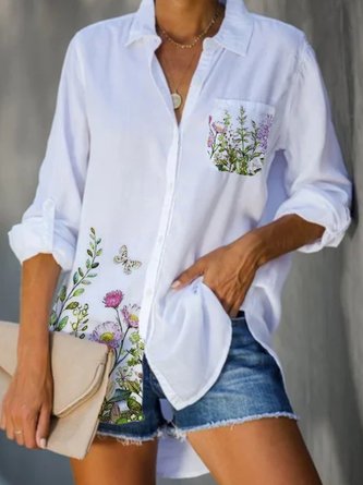 Long Sleeve Shirt Collar Printed Top Tunic Blouse