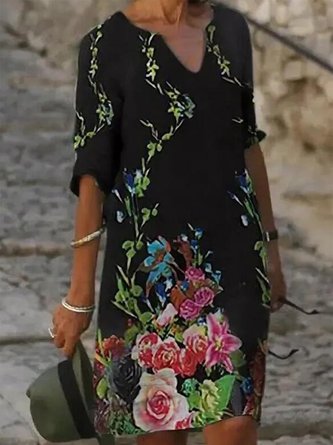 Vintage Floral Printed V Neck Half Sleeve Plus Size Casual Weaving Dress
