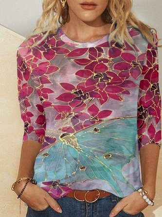 Vintage Butterfly Floral Printed Long Sleeve Crew Neck Casual Top