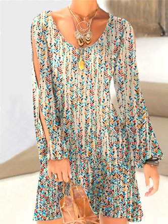 Casual A-Line Crew Neck Long Sleeve Printed Knitting Dress
