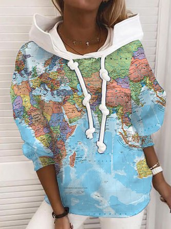 Long Sleeve Hoodie Map Cotton-Blend Sweatshirt