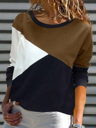 Multicolor Paneled Round Neck Casual Long Sleeve Top