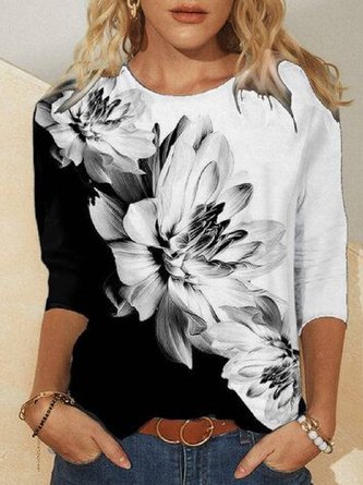Crew Neck Casual Long Sleeve Floral T-shirt