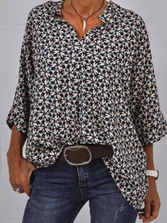 Floral Polyester Cotton Shirt Collar Tunic Top