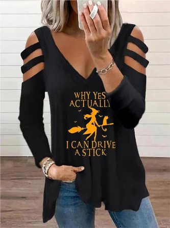Halloween Casual Letter V Neck Long Sleeve Tunic Top