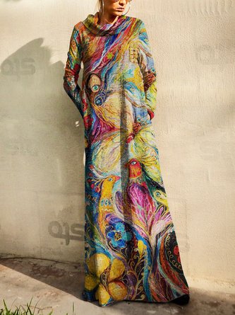 New Women Chic Printed colorful Casual Long Sleeve Knitting Dress
