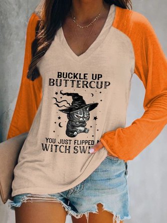 Halloween-Casual Long Sleeve V Neck Printed Tops T-shirts