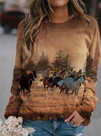 Casual Long Sleeve Crew Neck Printed Top