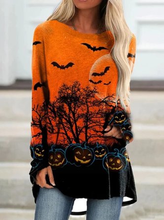 Halloween Casual Long Sleeve Round Neck Printed Top Tunic T-Shirt