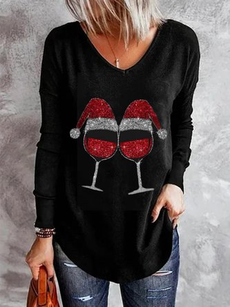 Christmas Cheers Wine Glass Pattern Long Sleeve V Neck Casual Tunic Top
