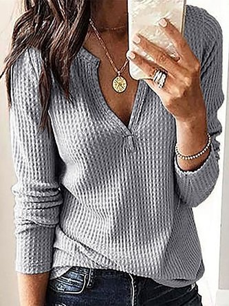 Women Plain Casual V neck Micro-Elasticity Vintage Solid Long Sleeve Top