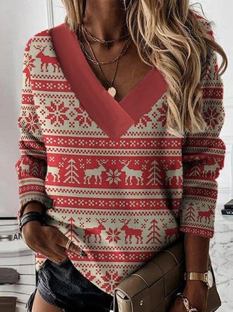Color-block Christmas Snow Elk Long Sleeve V Neck Plus Size Casual Sweatshirt