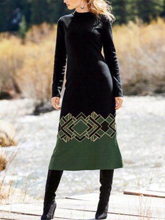 Geometric Printed Casual Vintage Maix Knitting Dress