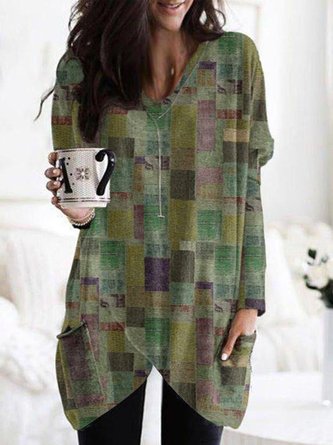 Vintage Geometric Printed Long Sleeve V Neck Pockets Casual Tunic Top