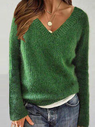 Plus size Plain Casual V neck Sweater