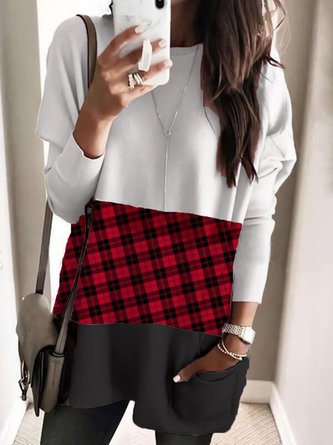 Checked/Plaid Color Block Printed Loosen Casual Top