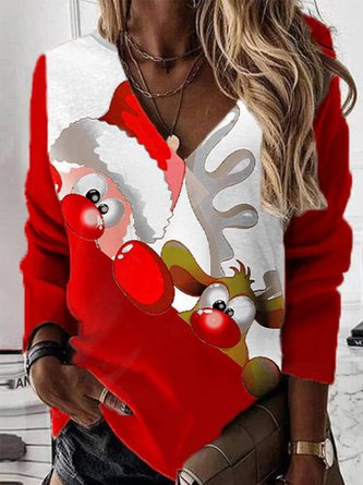 Cute Sweater Women's Christmas Sweatshirt V Neck Tops Christmas Snowman Loose Tunic Top