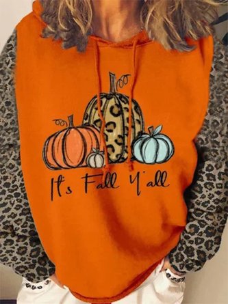 Color-block Leopard Pumpkin Letters Printed Hoodie Long Sleeve Casual Sweatshirt
