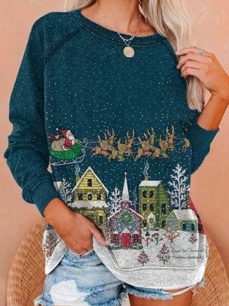 Christmas Xmas Long Sleeve Round Neck Plus Size Printed Top Sweatshirt