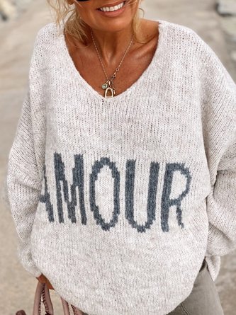 Women Casual Letter Winter V neck Micro-Elasticity Long sleeve Loose Wool/Knitting Regular Sweater