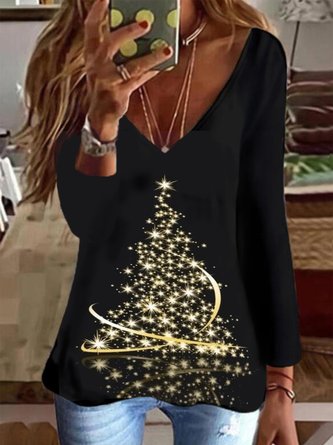 Shining Christmas Tree Printed Long Sleeves V Neck Plus Size Casual Tops