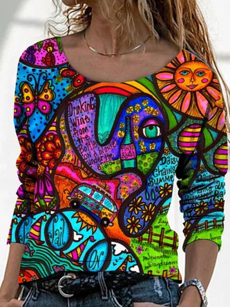 Casual Long Sleeve Round Neck Printed Top Tunic T-Shirt