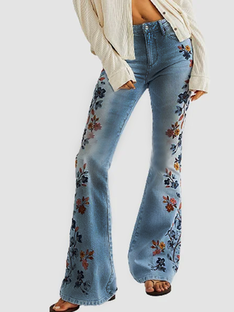 Casual Vintage Floral Print Bell Bottom Long Jean