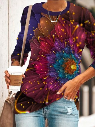 Casual Polyester Cotton Crew Neck Floral Tunic Blouse