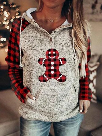 Christmas Gingerbread Plaid Printed Long Sleeve Hoodie Plus Size Casual Tunic Sweatshirt