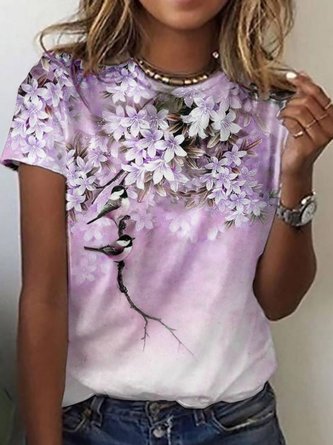 Floral Casual Short Sleeve Crew Neck Tops