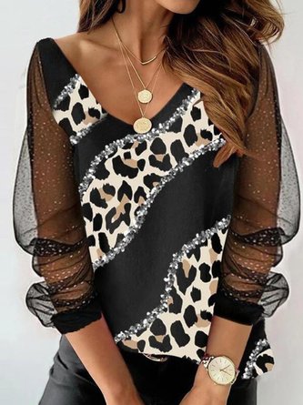 Casual See-through Look Long Sleeve V Neck Plus Size Leopard Tops T-shirts