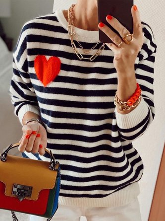 Valentine's Day Striped Love Long Sleeves Crew Neck Oversized Casual Sweaters Women