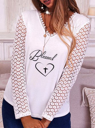 Lace Casual V Neck Long Sleeve T-shirt