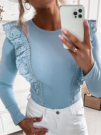 Lace Long sleeve Crew Neck Plain Casual Shirts & Tops