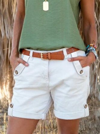 Solid Casual Cotton Buttoned Loosen Shorts