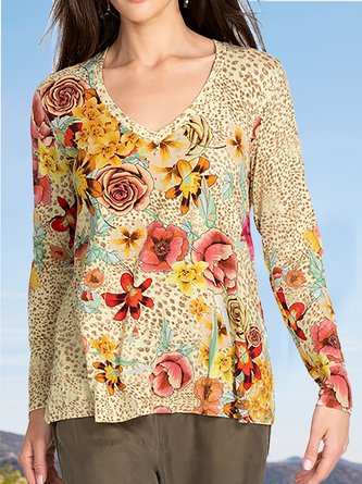 Loosen Floral Cotton Blends Long Sleeves T-shirt Shirts & Tops