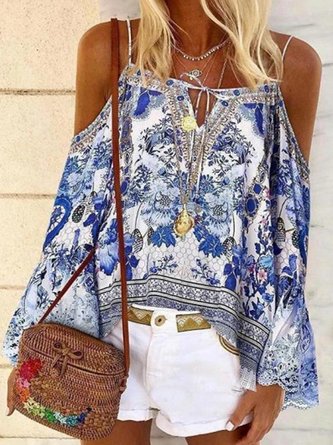Vacation Floral Lace-Up Off The Shoulder Loosen Flare Sleeve Shirts & Tops
