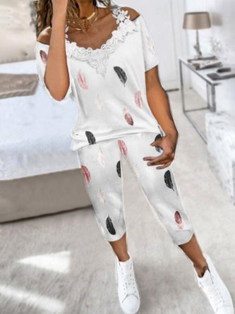 Casual Feather Printed Half Sleeve Cotton Blends Loosen Suits