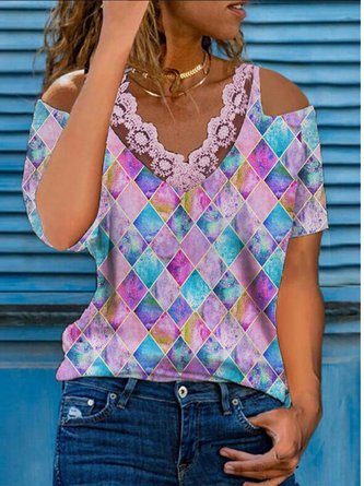 Geometric Ombre Printed Cotton Blends Loosen V Neck Casual Shirts & Tops