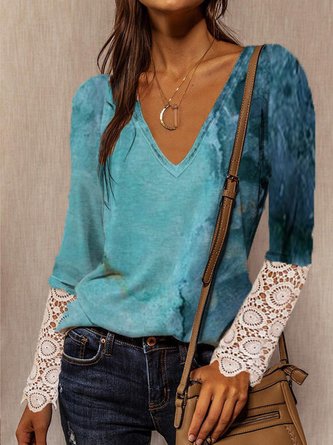 Abstract Ombre Printed Loosen Casual Cotton Blends V Neck Shirts & Tops