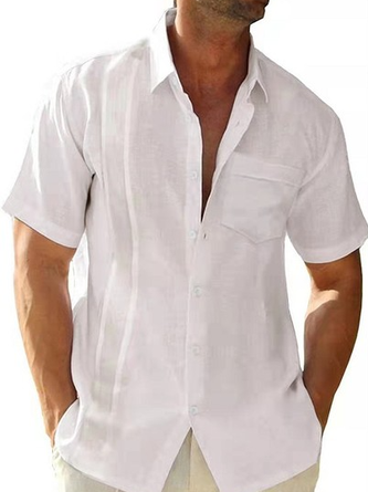 Solid Color Casual Cotton Linen Short Sleeve Shirt