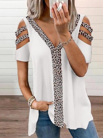 Leopard Loosen Casual Hollow Out Short Sleeve Tunic T-Shirt