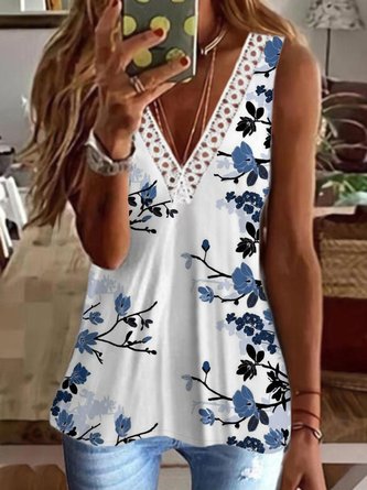 Casual Floral Sleeveless V Neck Plus Size Printed Tank Top Vests