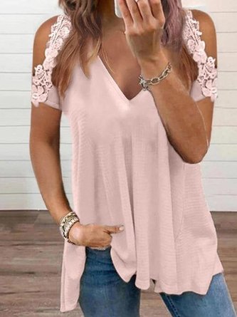 Romantic Solid Loose V Neck Tunic Short Sleeve Blouse