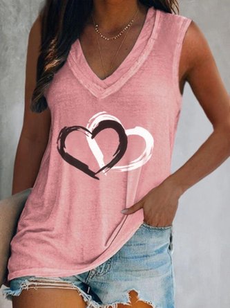 Casual Heart Sleeveless V Neck Printed Tank Tops Top Vests