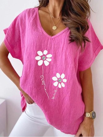 Casual Floral V Neck Loose Short Sleeve Top