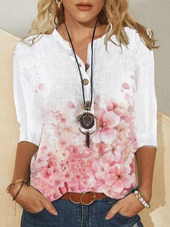 Casual Floral V Neck Long Sleeve Three Quarter Tops