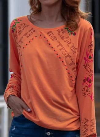 Ethnic Pinted Long Sleeve Round Neck Women Top