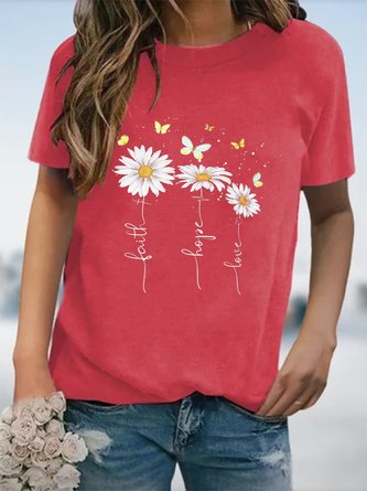 Daisy Floral Short Sleeve Crew Neck Plus Size Casual T-shirts